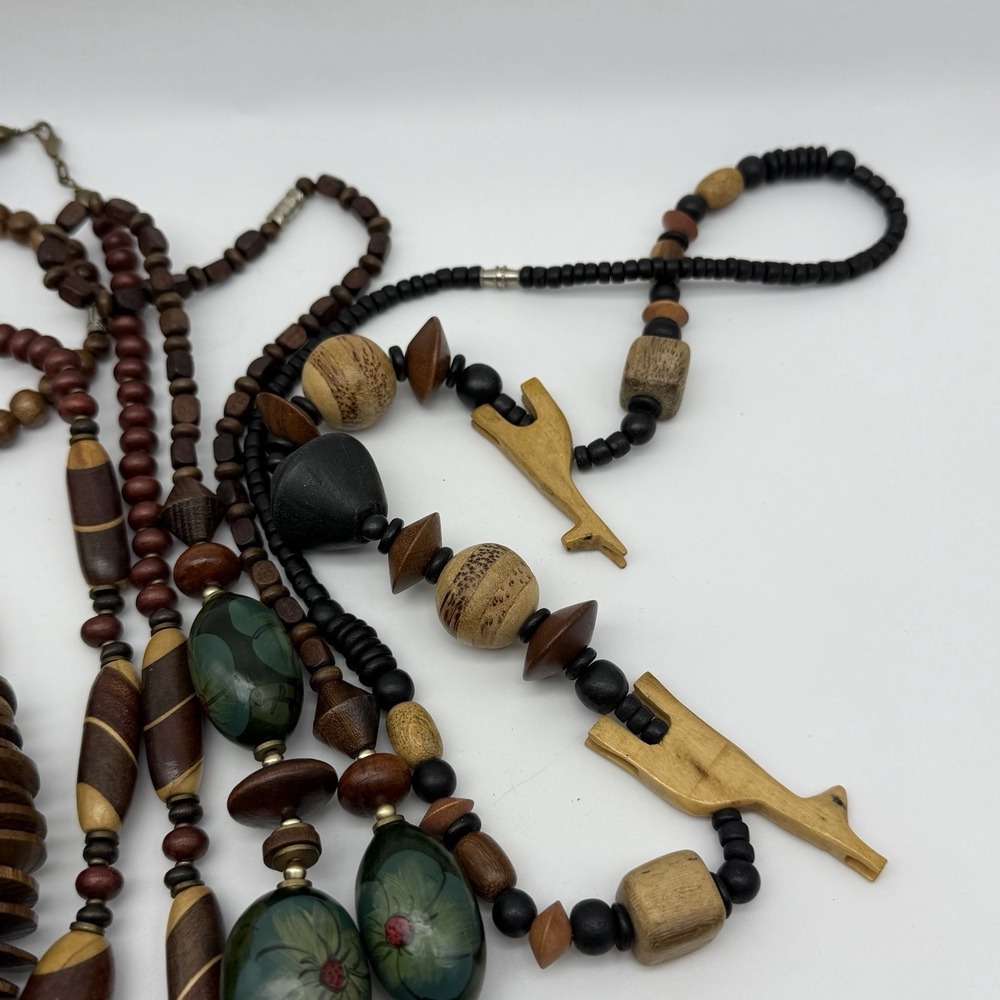 Wood Bead Necklaces Boho Chunky Statement Natural Jewelry Brown Neutral Lot Of 5 - Picture 7 of 8